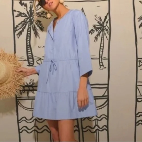 Pomander Place Tuckernuck Lucy Chambray Tiered Cotton Mini Dress Blue Small - Picture 1 of 7